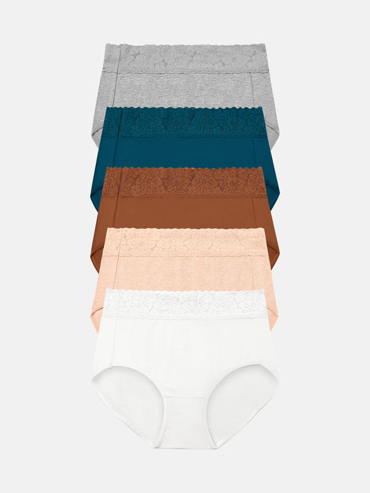Womens Underwear Cotton Lace Panties Full Coverage Briefs S-3XL 5-Pack 6006