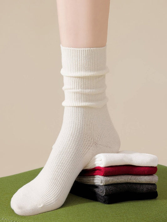 Women's Mid-Calf Cotton Socks for Fall/Winter Fine-Strip Knit Japanese Style White Puffy Socks