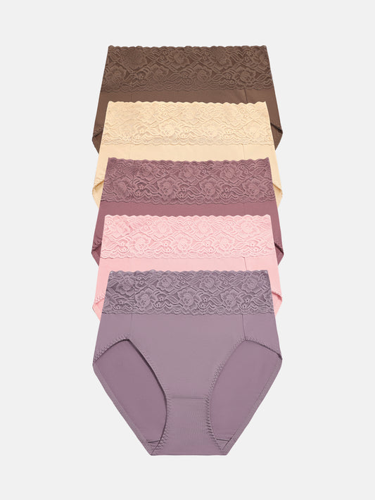 Women High Waisted Lace Hipster Stretch Briefs for Ladies 5-Pack 6005
