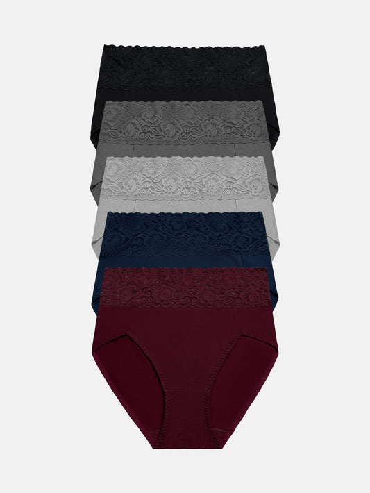 Women High Waisted Lace Hipster Stretch Briefs for Ladies 5-Pack 6005