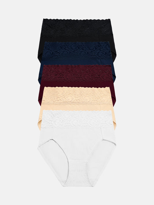 Women High Waisted Lace Hipster Stretch Briefs for Ladies 5-Pack 6005