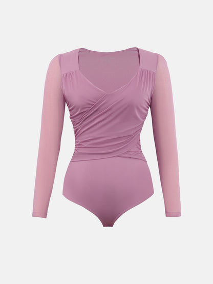 Bodysuits for Womens Long Sleeve Sheer Mesh Ruched S-XL