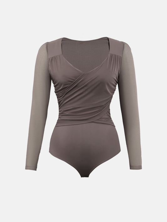 Bodysuits for Womens Long Sleeve Sheer Mesh Ruched S-XL