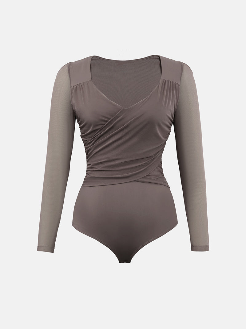 Bodysuits for Womens Long Sleeve Sheer Mesh Ruched S-XL