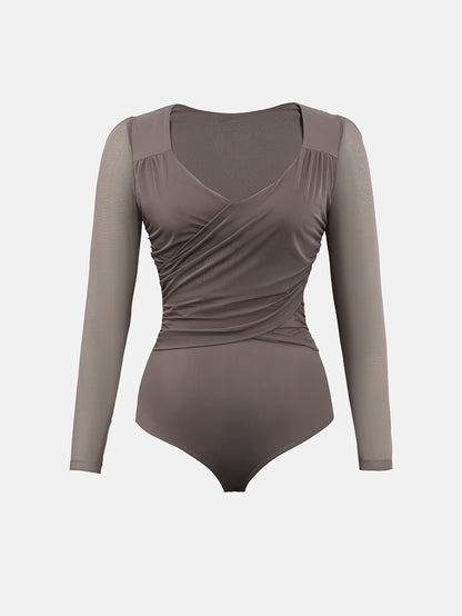 Bodysuits for Womens Long Sleeve Sheer Mesh Ruched S-XL