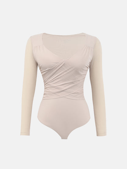 Bodysuits for Womens Long Sleeve Sheer Mesh Ruched S-XL
