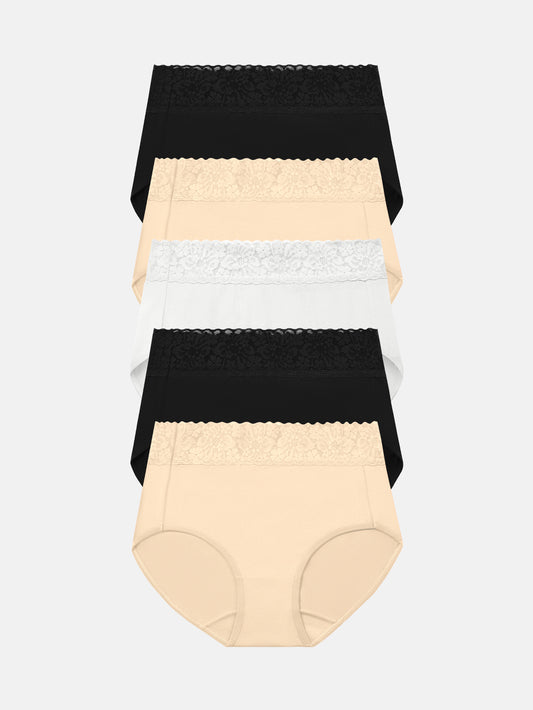 Womens Underwear Cotton Lace Panties Full Coverage Briefs S-3XL 5-Pack 6006