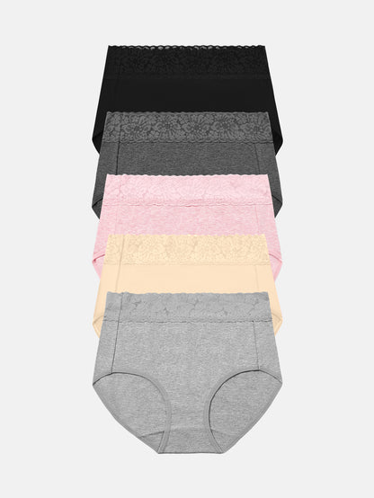 Womens Underwear Cotton Lace Panties Full Coverage Briefs S-3XL 5-Pack 6006