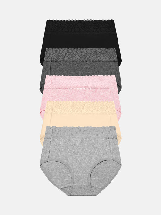 Womens Underwear Cotton Lace Panties Full Coverage Briefs S-3XL 5-Pack 6006