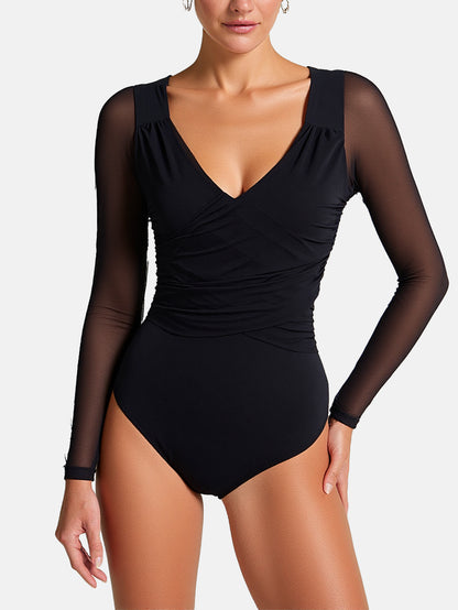 Bodysuits for Womens Long Sleeve Sheer Mesh Ruched S-XL