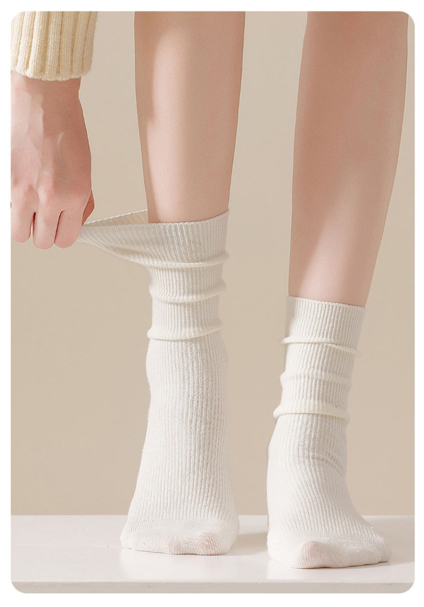 Women's Mid-Calf Cotton Socks for Fall/Winter Fine-Strip Knit Japanese Style White Puffy Socks