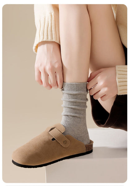 Women's Mid-Calf Cotton Socks for Fall/Winter Fine-Strip Knit Japanese Style White Puffy Socks