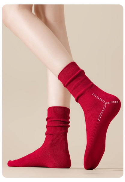 Women's Mid-Calf Cotton Socks for Fall/Winter Fine-Strip Knit Japanese Style White Puffy Socks