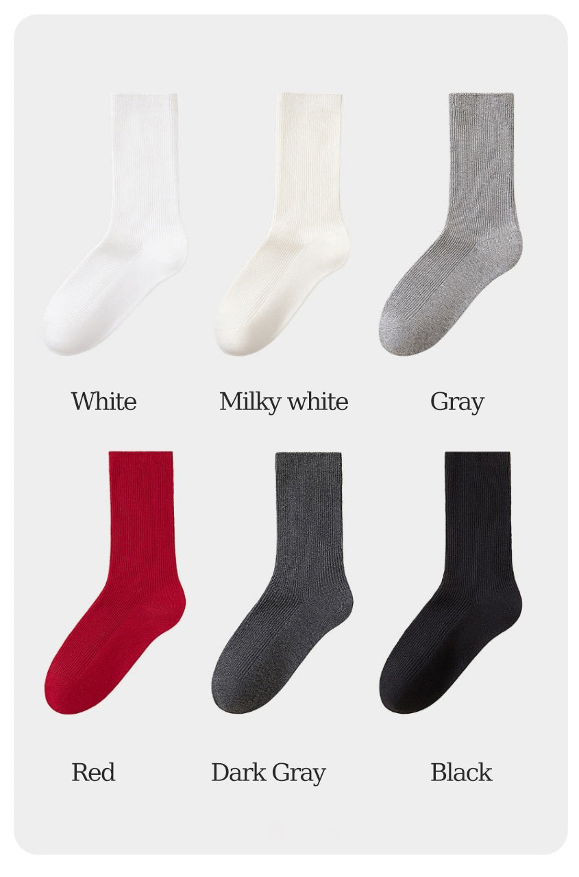 Women's Mid-Calf Cotton Socks for Fall/Winter Fine-Strip Knit Japanese Style White Puffy Socks