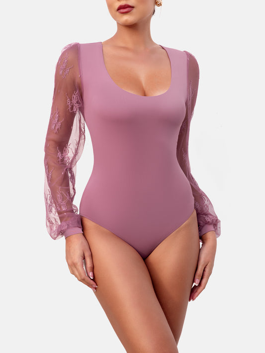 Long Sleeve Body Suits Womens Thong Double Lined Round S-XL