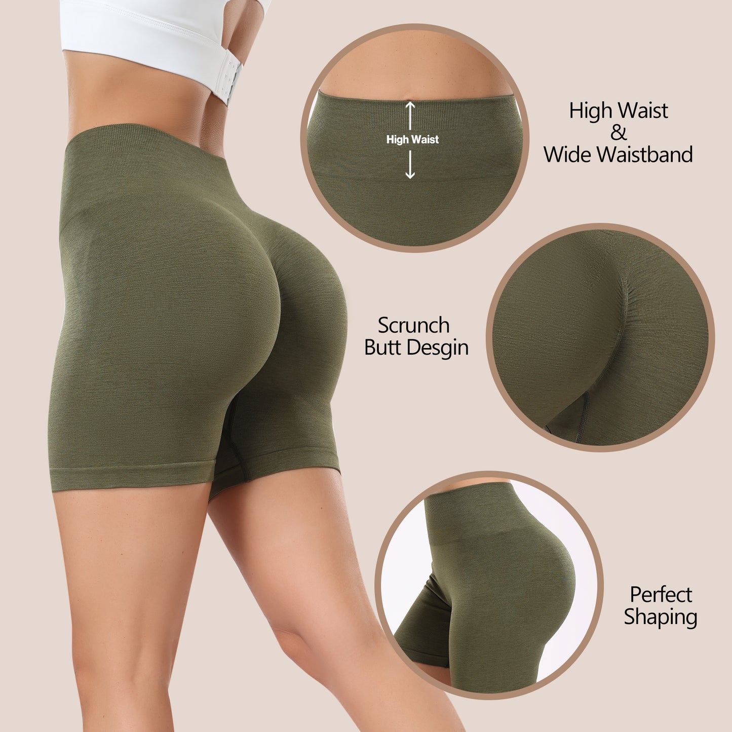 Women's Workout Gym Shorts, High Waisted Butt Lifting Scrunch Butt Seamless Booty Shorts