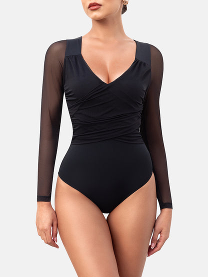 Bodysuits for Womens Long Sleeve Sheer Mesh Ruched S-XL