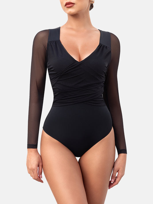 Bodysuits for Womens Long Sleeve Sheer Mesh Ruched S-XL