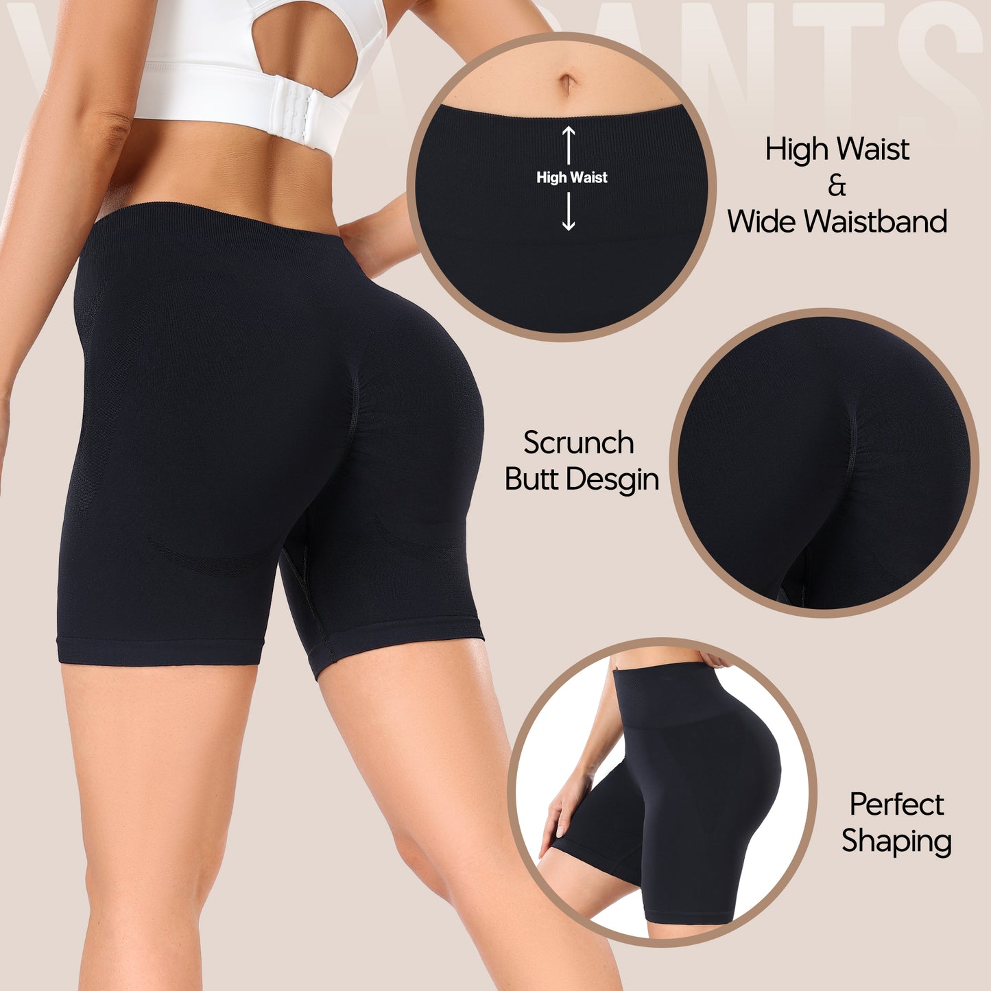 Women's Workout Gym Shorts, High Waisted Butt Lifting Scrunch Butt Seamless Booty Shorts