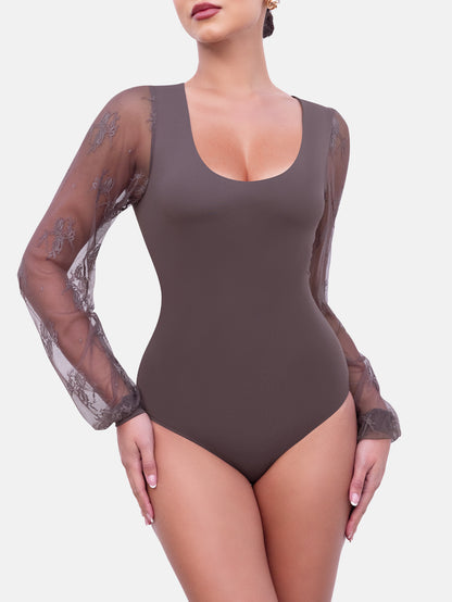 Long Sleeve Body Suits Womens Thong Double Lined Round S-XL