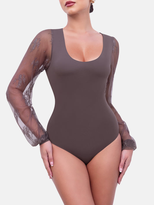 Long Sleeve Body Suits Womens Thong Double Lined Round S-XL