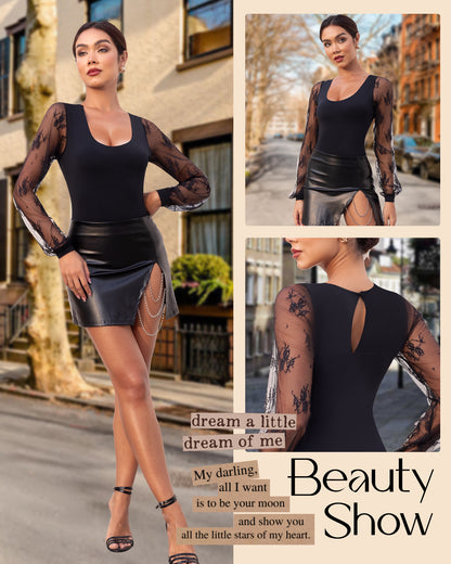 Long Sleeve Body Suits Womens Thong Double Lined Round S-XL