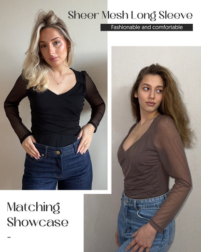 Bodysuits for Womens Long Sleeve Sheer Mesh Ruched S-XL
