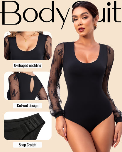 Long Sleeve Body Suits Womens Thong Double Lined Round S-XL