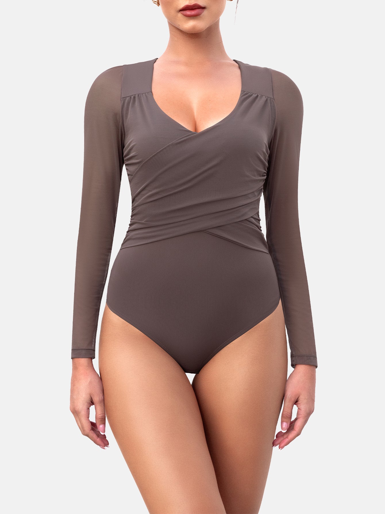 Bodysuits for Womens Long Sleeve Sheer Mesh Ruched S-XL