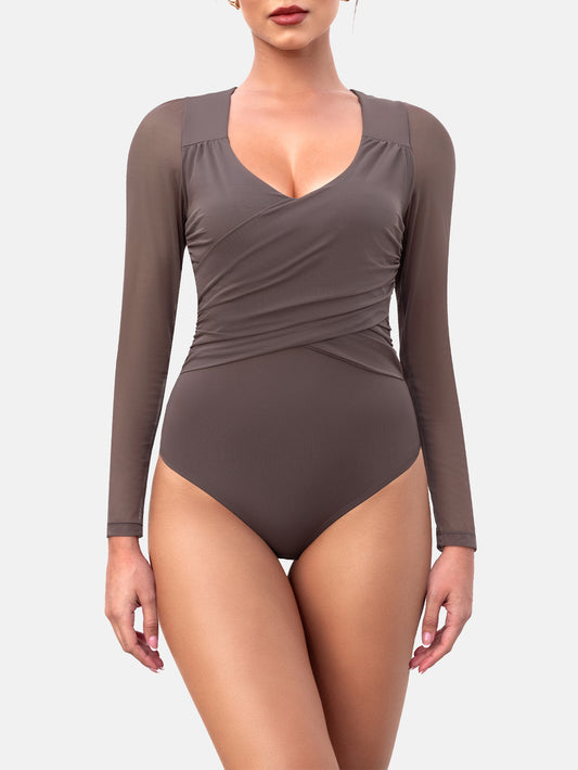 Bodysuits for Womens Long Sleeve Sheer Mesh Ruched S-XL