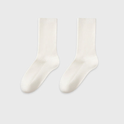 Women's Mid-Calf Cotton Socks for Fall/Winter Fine-Strip Knit Japanese Style White Puffy Socks