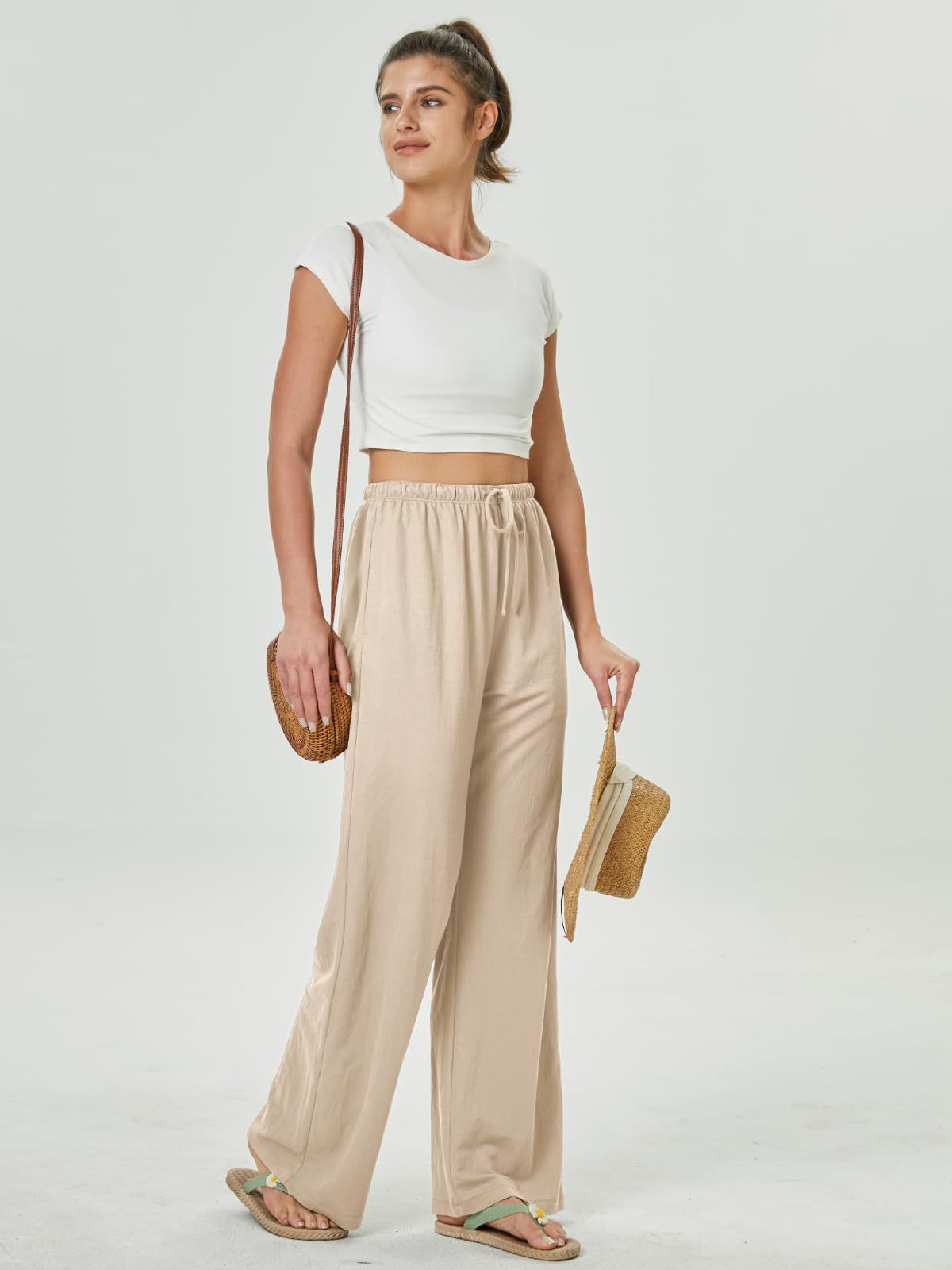 Women's High-Waisted Casual Pants with Loose Drawstring