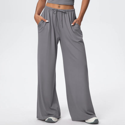 Drawstring Brushed Yoga Pants, Wide-Leg Pants, Athletic Trousers