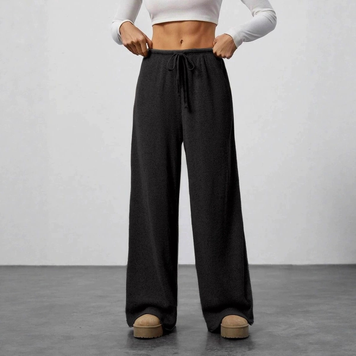 Solid-Color Casual Relaxed-Fit Fall/Winter Wide-Leg Pants